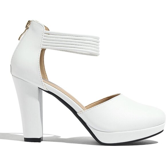Women's White Closed Toe Stylish Pumps Platform Heels Ankle Strap Dress Shoes - Picture 4 of 7